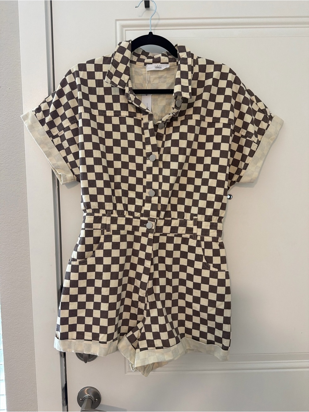 Casual Short-Sleeve Button Front Checkered Romper